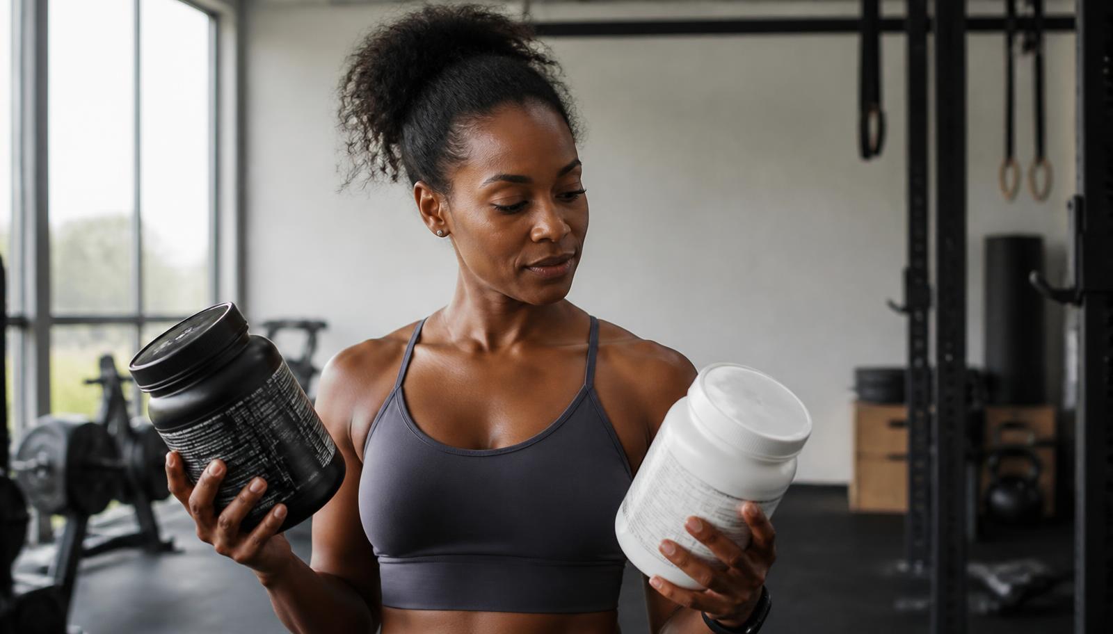 Une femme noire d'une trentaine d'années, au physique athlétique réaliste, compare attentivement deux compléments alimentaires dans une salle de sport moderne et minimaliste éclairée par la lumière naturelle