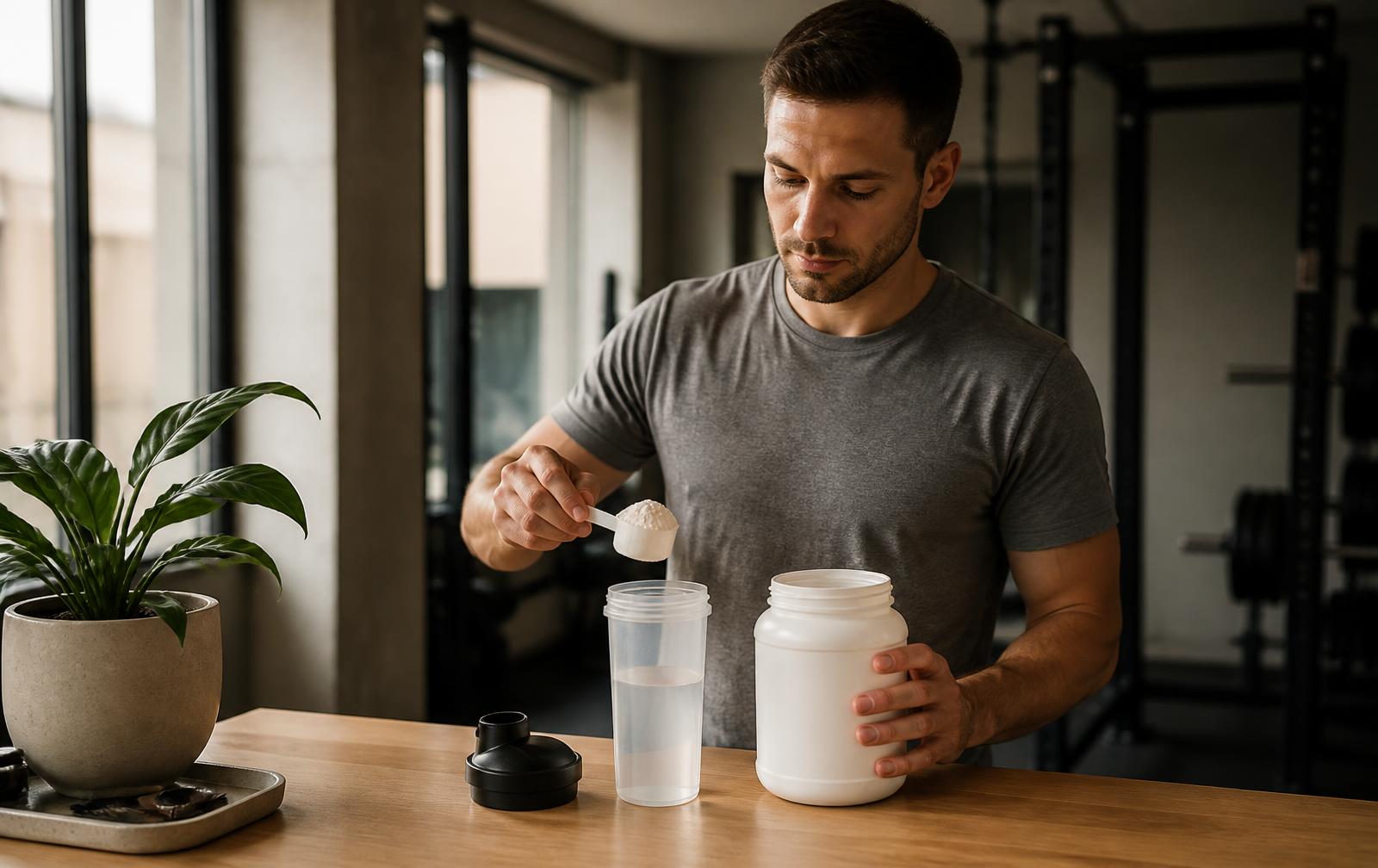 Un homme en t-shirt gris dose de la créatine monohydrate en poudre dans un shaker d'eau, posé sur un plan de travail en bois clair d'une salle de musculation moderne, sous la lumière naturelle d'une grande fenêtre