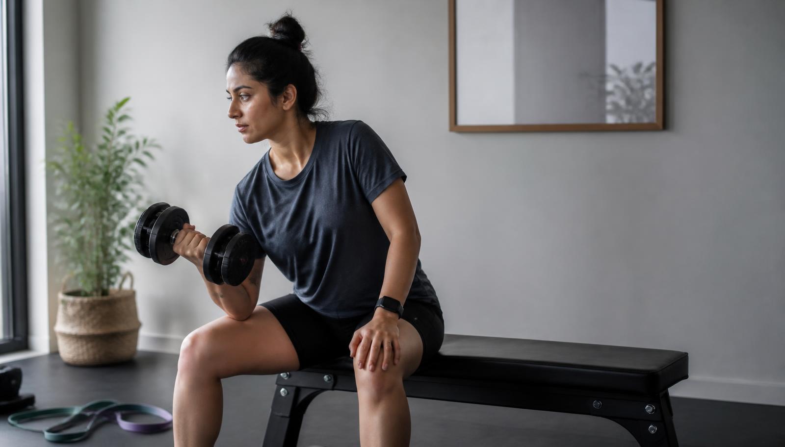 Une femme sud-asiatique au physique athlétique réaliste, assise sur un banc simple avec un haltère réglable et des bandes élastiques, dans un espace d'entraînement moderne et minimaliste éclairé par la lumière naturelle