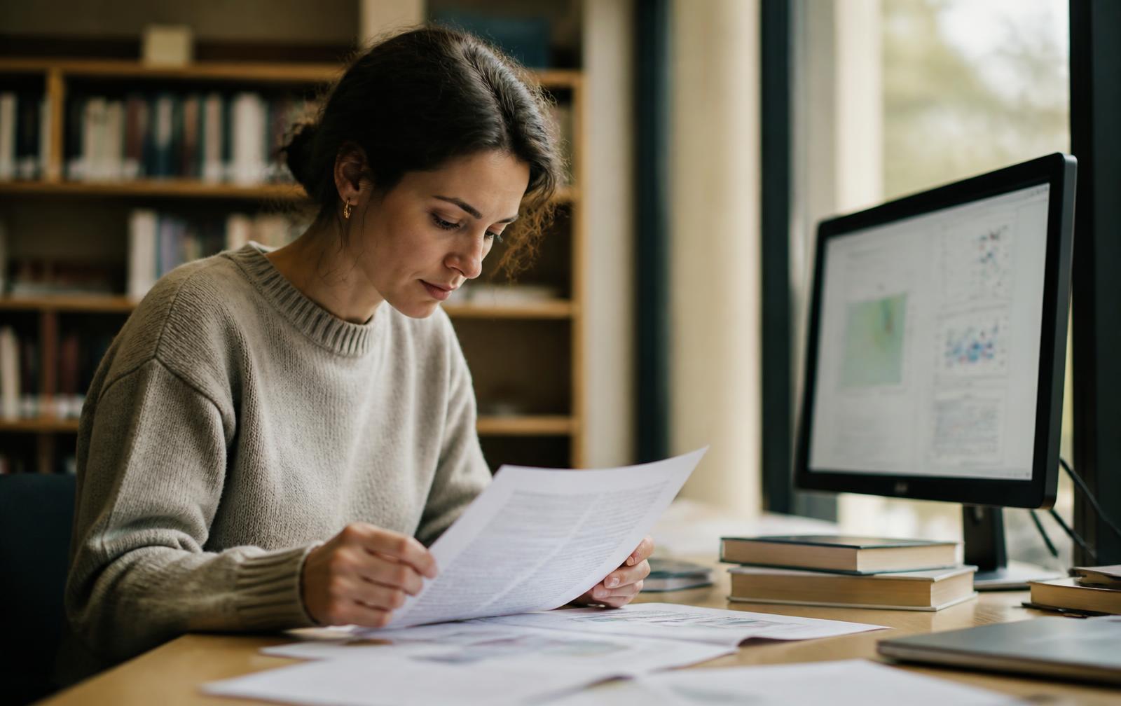 Une chercheuse en pull clair étudie des publications scientifiques imprimées à son bureau dans une bibliothèque universitaire, un écran affichant des graphiques à côté d'elle, sous la lumière naturelle d'une fenêtre
