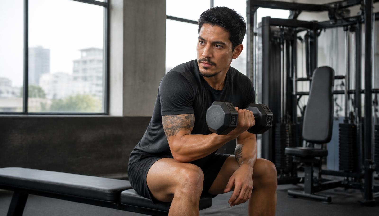 Un homme latino-américain d'une trentaine d'années, au physique athlétique réaliste, réalise un exercice avec un haltère à proximité d'une machine de musculation dans une salle moderne et minimaliste éclairée par la lumière naturelle