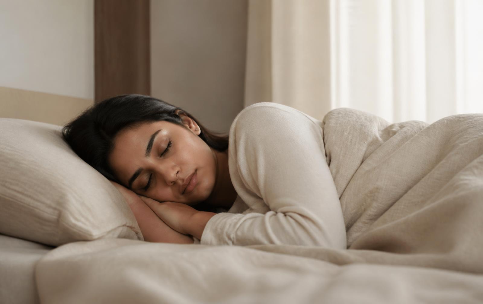 Une femme sud-asiatique dort paisiblement sur le côté dans une chambre moderne et minimaliste, baignée d'une lumière matinale douce et de textiles beiges