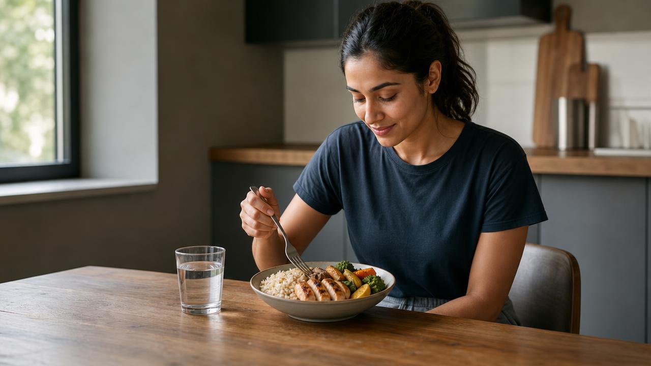 Une femme d'origine sud-asiatique en tenue décontractée mange un repas équilibré après une séance de musculation, dans une cuisine moderne éclairée par la lumière naturelle
