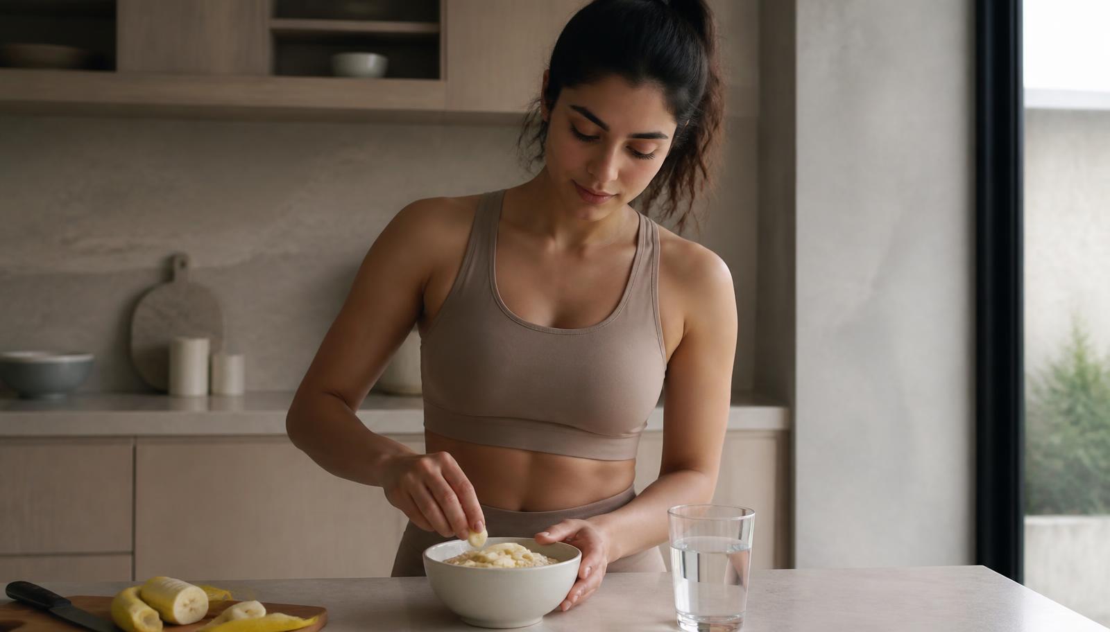 Une femme moyen-orientale en tenue de sport sobre prépare un bol de flocons d'avoine, de yaourt et de banane dans une cuisine moderne et minimaliste éclairée par la lumière naturelle