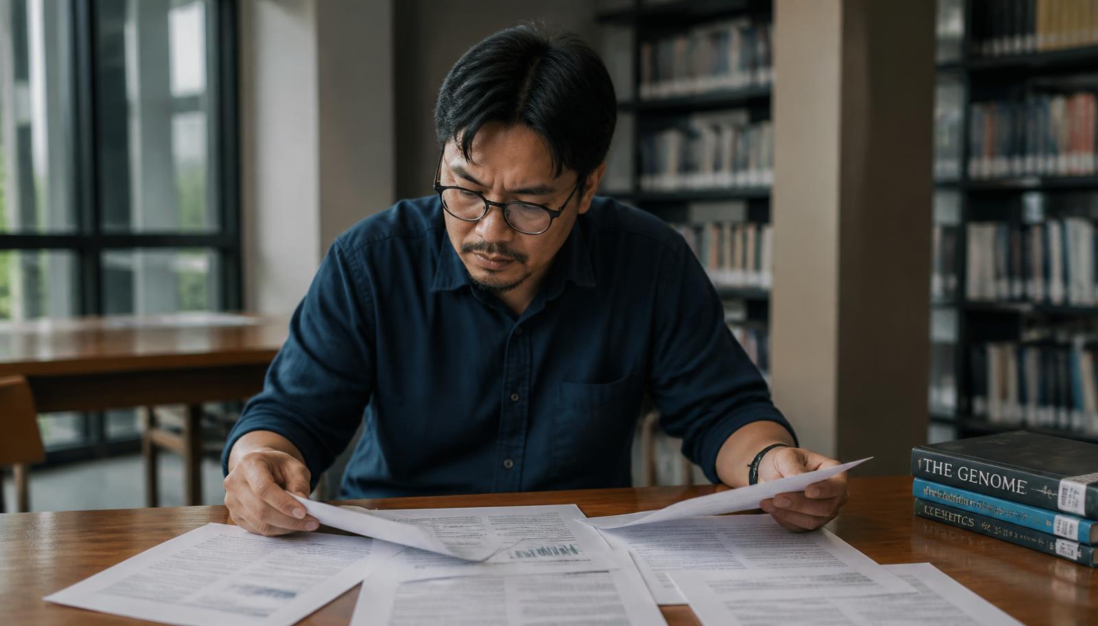 Un chercheur d'origine asiatique du Sud-Est, la quarantaine, assis à un bureau en bois dans une bibliothèque universitaire moderne, compare plusieurs publications scientifiques imprimées sous une lumière naturelle douce