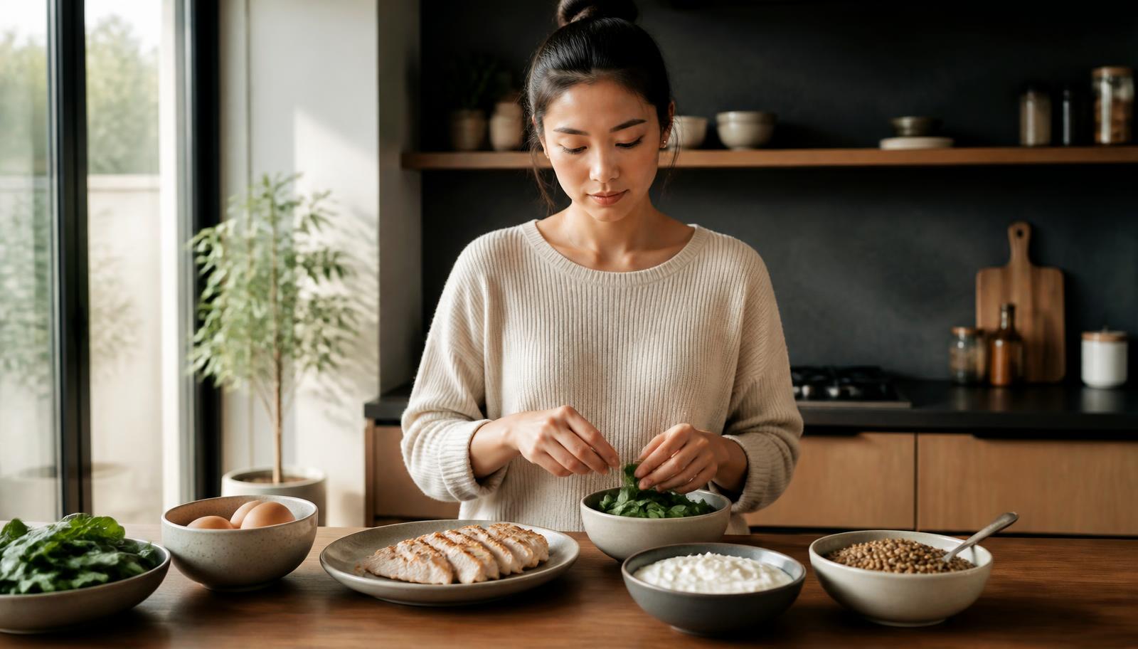 Une femme prépare un repas riche en protéines dans une cuisine moderne baignée de lumière naturelle : œufs, blanc de poulet, yaourt grec, lentilles et légumes verts disposés dans des bols en céramique
