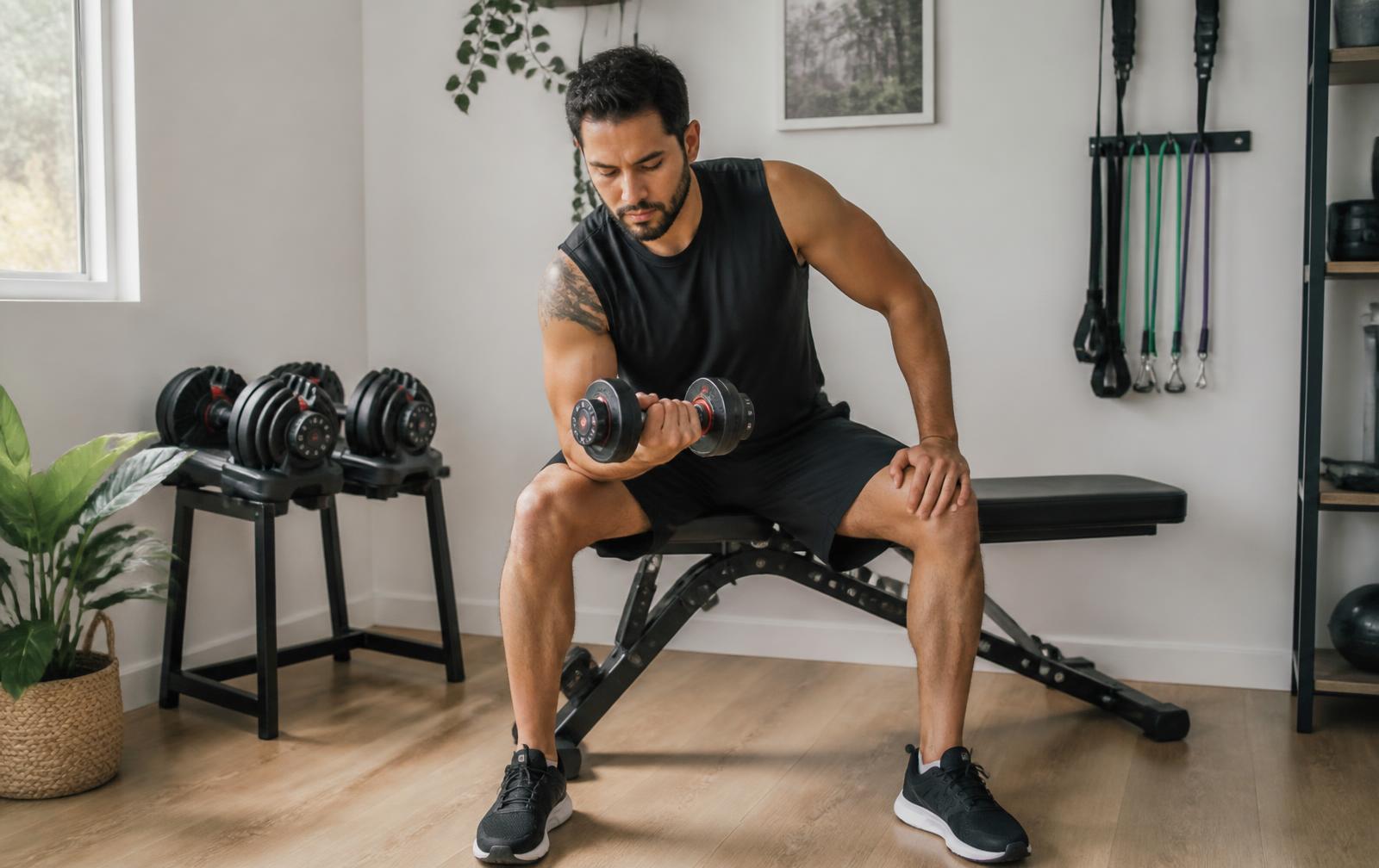 Un homme latino-américain au physique athlétique réaliste s'entraîne avec un haltère réglable, assis sur un banc, dans une salle de sport à domicile moderne et minimaliste éclairée par la lumière naturelle