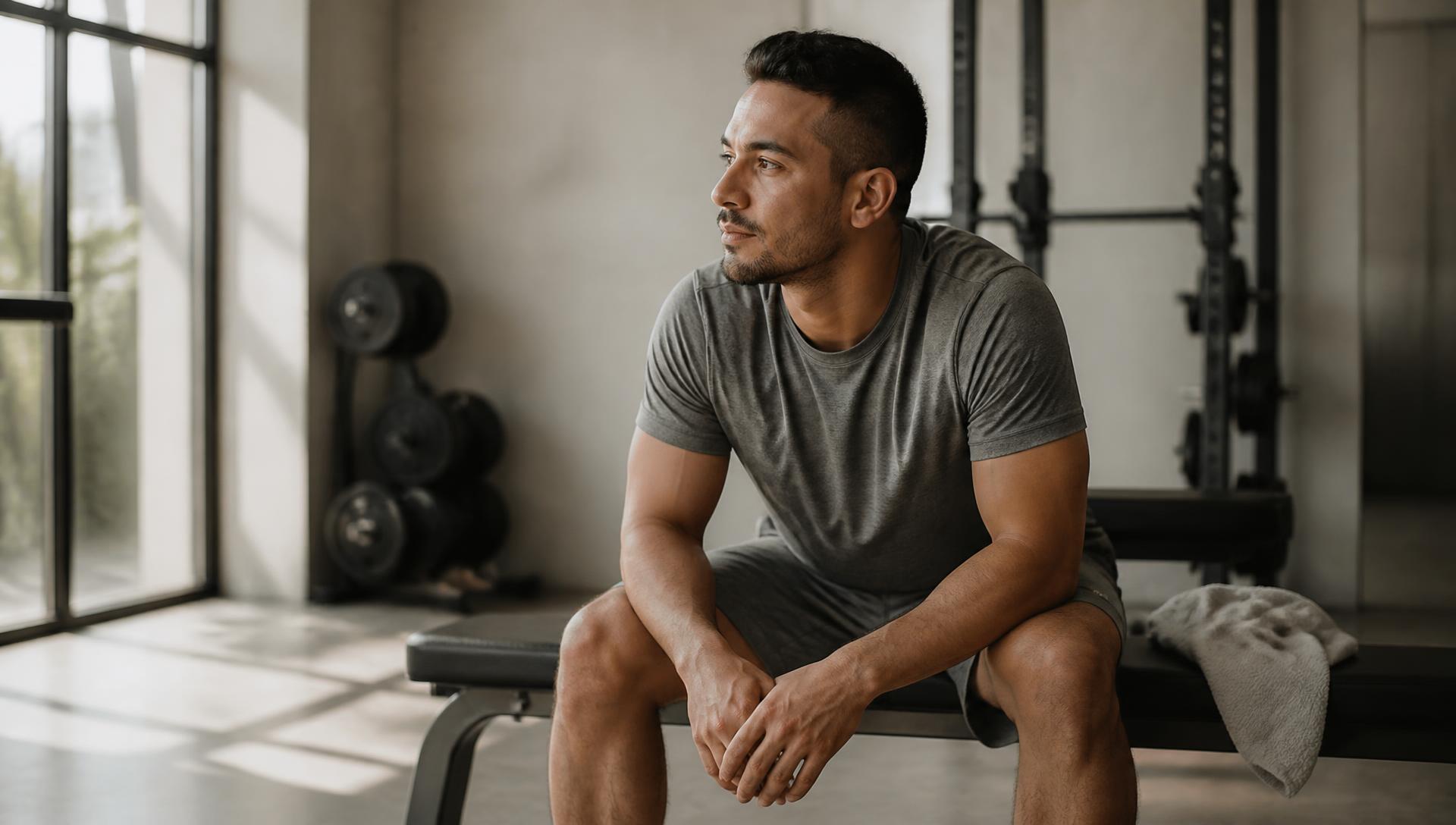 Un homme latino-américain au physique athlétique réaliste, assis calmement sur un banc dans une salle de musculation moderne et minimaliste, prend un moment de récupération après sa séance sous une lumière naturelle douce
