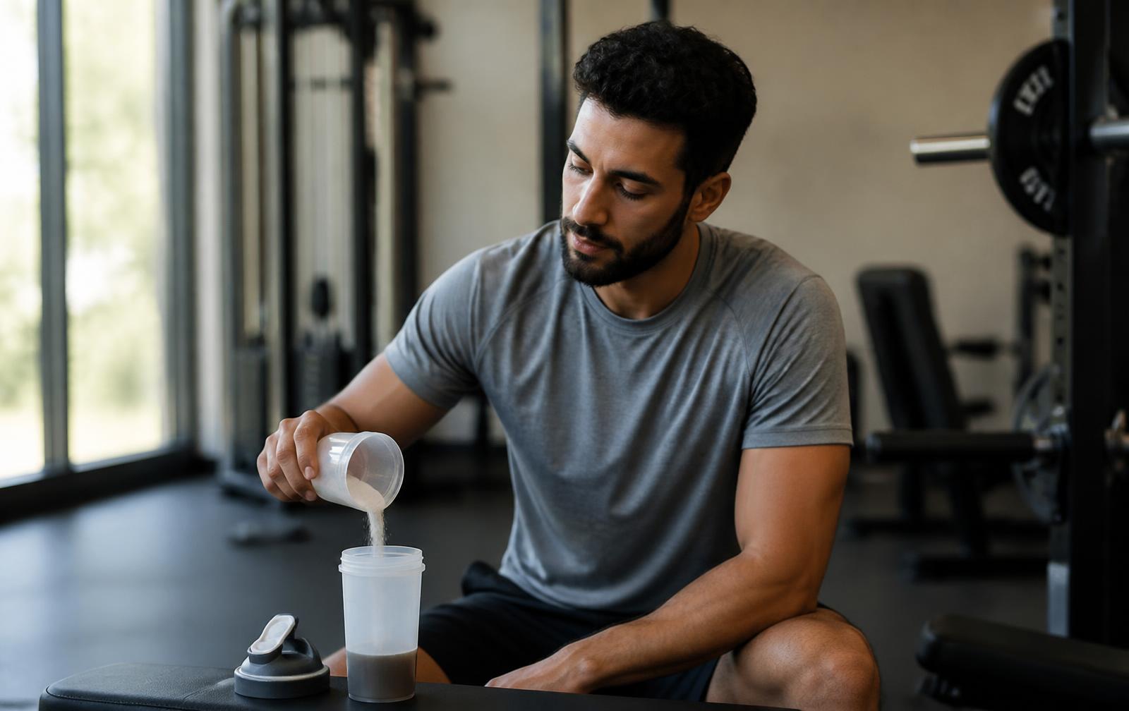 Un homme d'origine moyen-orientale, la trentaine, au physique athlétique réaliste, verse de la poudre de protéines dans un shaker après sa séance, dans une salle de sport moderne éclairée par la lumière naturelle
